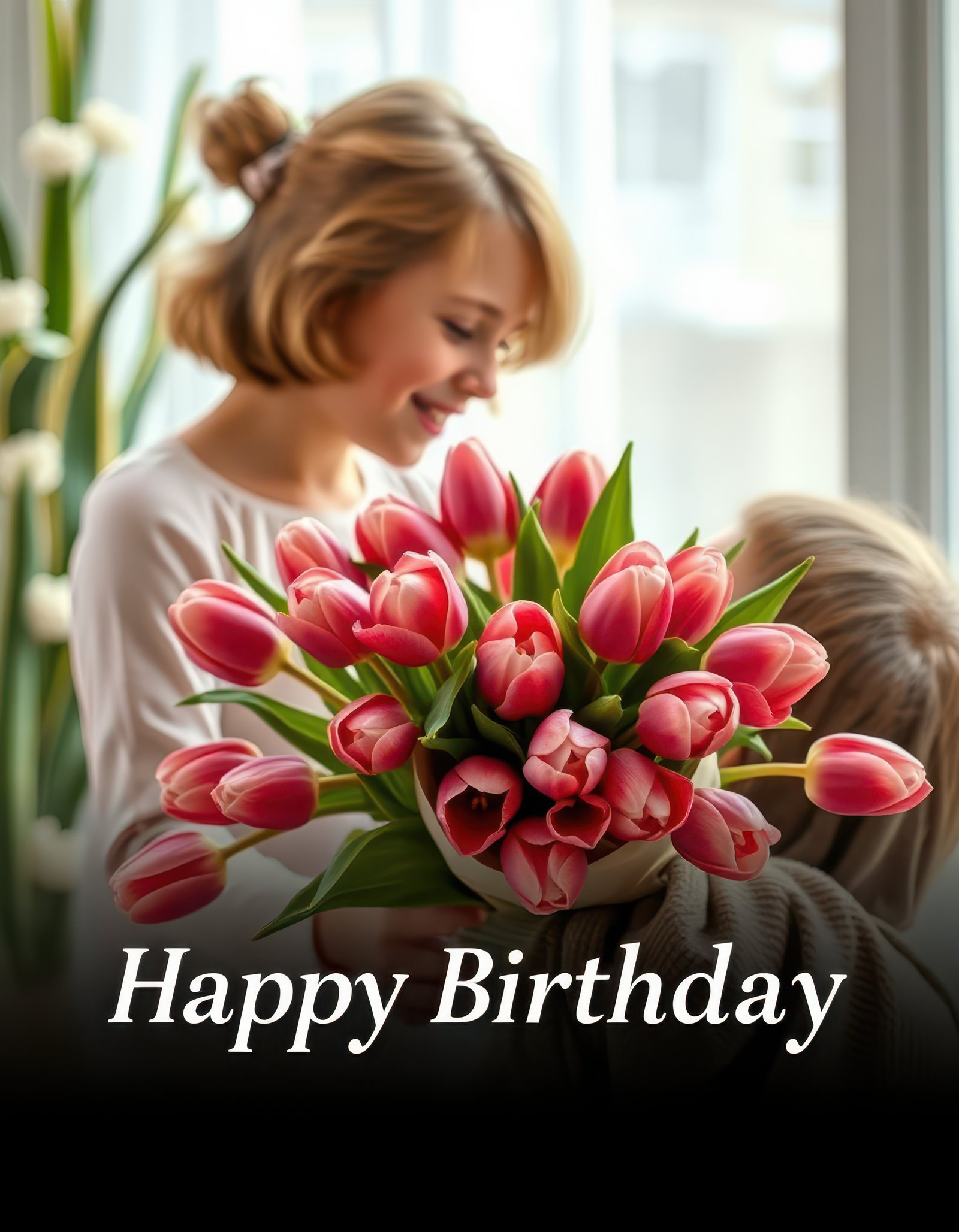 Woman surprises friend with bouquet of pink tulips for birthday celebration in bright indoor setting